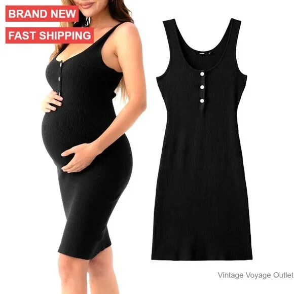 Maternity Bodycon Dress Sleeveless Striped Button Knit Summer Pregnancy - Picture 1 of 7